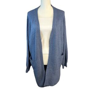 SO Women Longline Cardigan Sweater XL Blue Waffle Knit Open Front Beachy Coastal